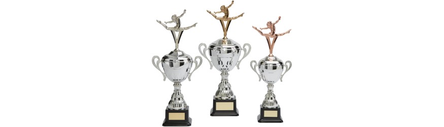SILVER HANDLED GYMNASTIC CUP WITH GYMNASTIC METAL FIGURE - AVAILABLE IN 3 SIZES